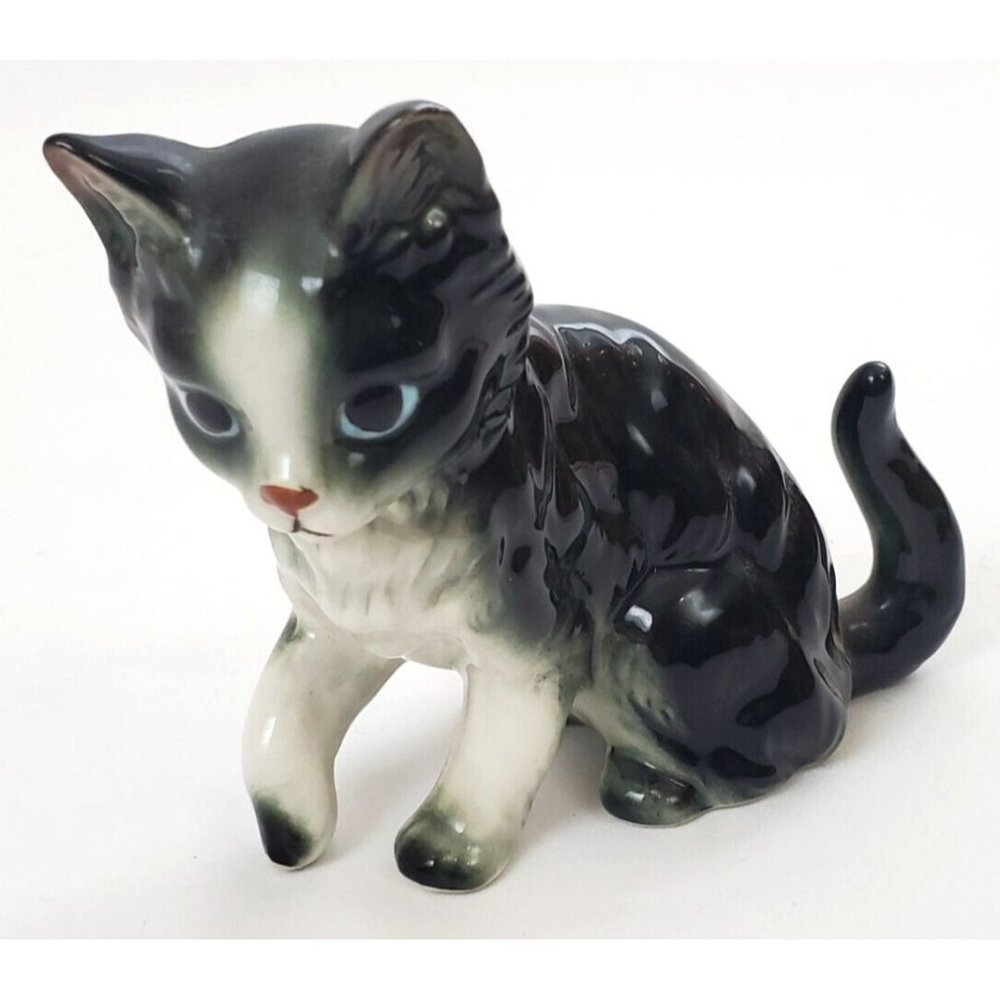 Vintage Ceramic Hand Painted Black White Sitting Kitten Cat Figure
